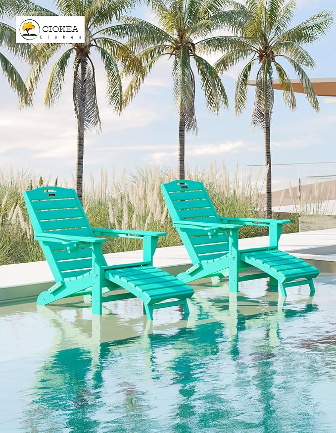 Ciokea Folding Adirondack Chair Set of 4 with Retractable Ottoman Fire Pit Patio Chair with Pull Out Foot Rest Weather Resistant Lawn Outdoor Chair with 2 Cup Holder (Lake Blue)