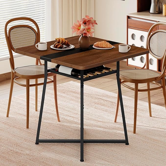 YATINEY Dining Table, 29.5'' Kitchen Table, Dining Room Table with Wine Rack, Versatile Small Dining Table, Easy Assembly, for Restaurant, Cafe, Apartment, Black and Walnut CZ02BH