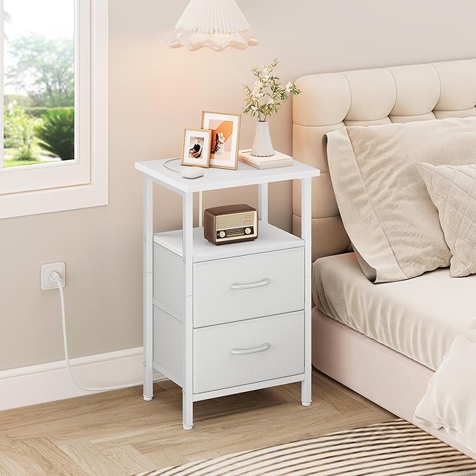 Vagusicc Nightstand Set 2 with Charging Station, End Table with Fabric Drawers, Bedside Table with Open Wood Shelf, 24.2" Tall Side Table with USB Ports & Outlets, Night Stand for Bedroom, White