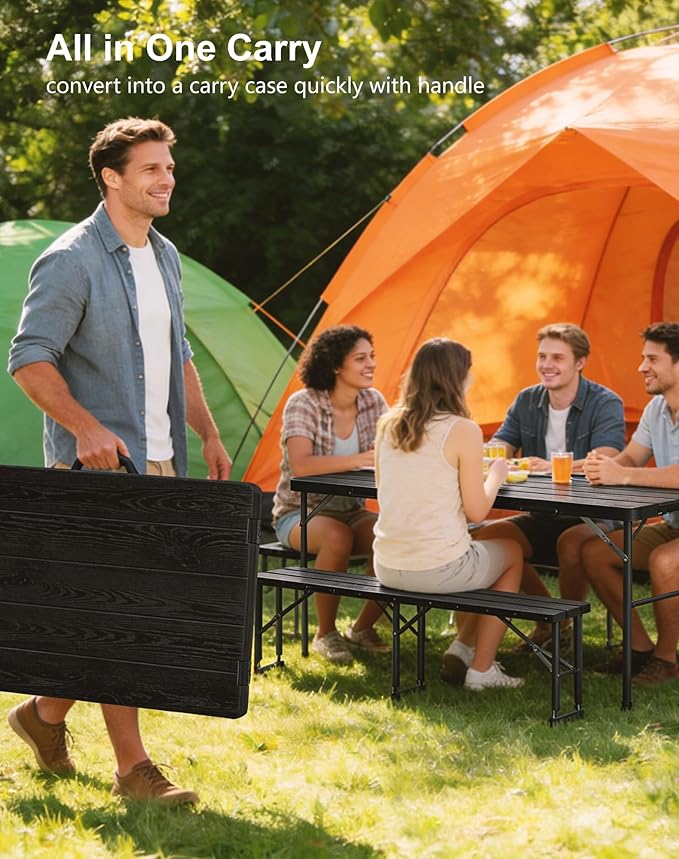 Folding Table with 2 Benches Set, 6FT Picnic Table with 2 Chairs, 3pcs Plastic Camping Tables and Foldable Bench Sets Indoor & Outdoor for Party, Camping, Picnic, Wedding, BBQ, Black