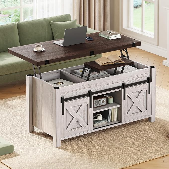 SEDETA Lift Top Coffee Table, 4 in 1 Multi-Function Convertible Coffee Tables with Storage and Hidden Compartment, Farmhouse Coffee Table Converts to Dining Table for Living Room, Vintage White