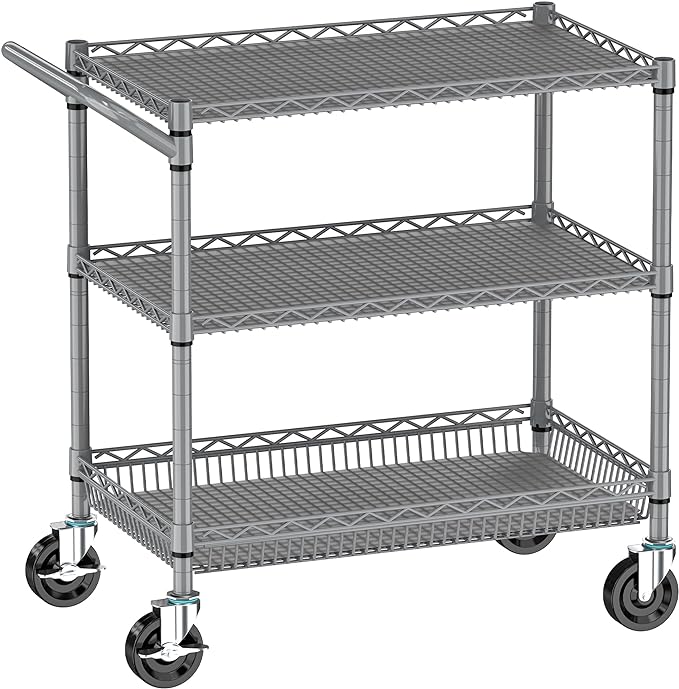 Folews Heavy Duty Rolling Cart with Wheels, 990LBS 3-Tier Metal Utility Cart, NSF Rolling Storage Organizer Adjustable Shelves & Basket, Lockable Casters, Commercial Storage Trolley, Gray