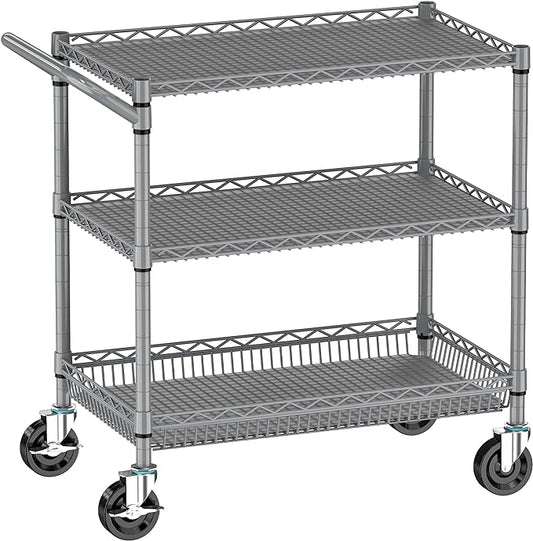 Folews Heavy Duty Rolling Cart with Wheels, 990LBS 3-Tier Metal Utility Cart, NSF Rolling Storage Organizer Adjustable Shelves & Basket, Lockable Casters, Commercial Storage Trolley, Gray