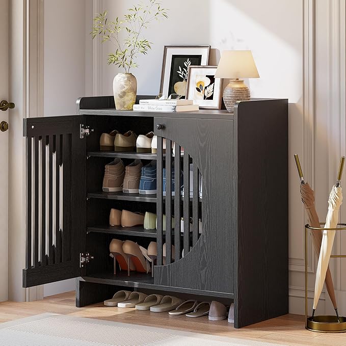 LIKIMIO Shoe Cabinet with Adjustable Shelves, 4-Tier Shoe Storage Cabinet with Slatted Doors, Freestanding Wooden Shoe Cabinet Storage for Entryway, Hallway, Living Room, Black
