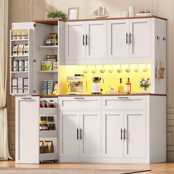 Itaar 71" Kitchen Pantry Cabinet with Charging Station and Led Light, Kitchen Storage Cabinets with Microwave Stand, 59" Wide Pantry Storage Cabinet with Storage Cart 3 Tier for Dining Room, White