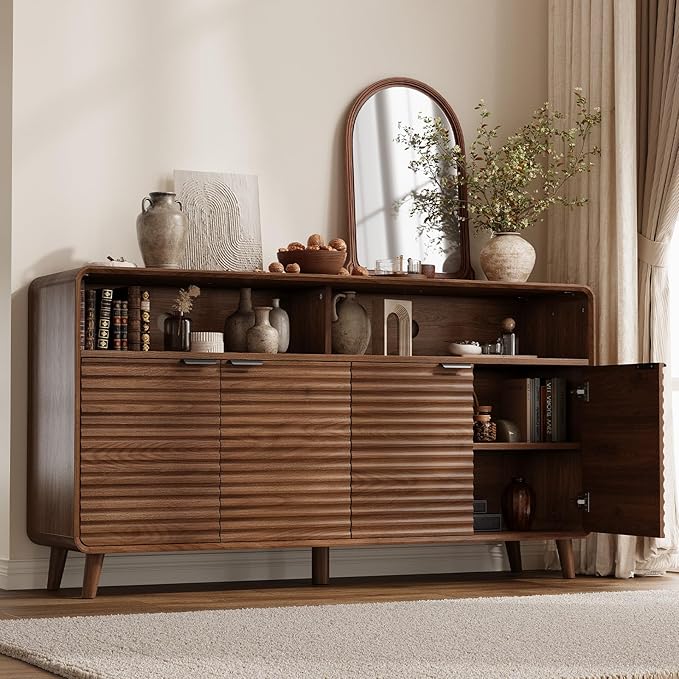 61" Sideboard Buffet Cabinet with Open Storage & 4 Doors, Large Coffee Bar Cabinet with Adjustable Shelves, Mid Century Modern Fluted Buffet Cabinet for Kitchen, Living Room, Walnut