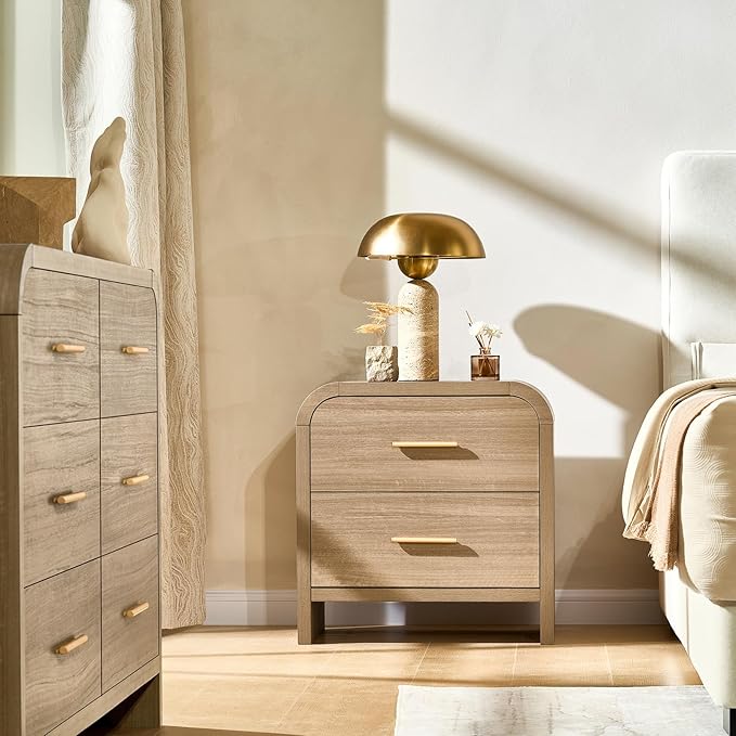 Night Stand Set of 2 [Unique Curved Profile] [FSC-Certified Wooden Board] 2-Drawer Nightstand 24" H Metal Handle Modern Sturdy Bedside Table Side Table End Table