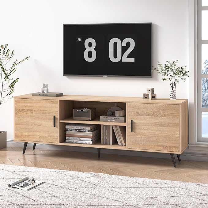 Mid Century Modern TV Stand - 70" for 75" TV, Wood with Storage, Entertainment Center for Living Room & Bedroom, Media Console, Oak