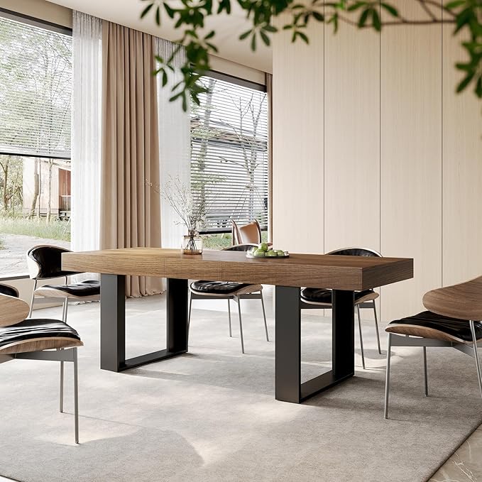 STHOUYN Farmhouse Rustic Extendable Dining Room Table for 8 10, 70.9" (86.6") x 31.5", Rectangular Dinner Table for 6-10, Mid Century Modern Expandable Retractable Wooden Kitchen Table (Brown)