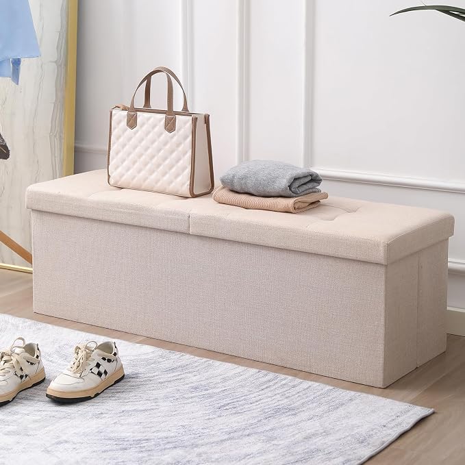 45.3 Inches Storage Ottoman Bench Foldable Seat Footrest Shoe Bench End of Bed Storage with Flipping Lid, 166L Storage Space, Linen Fabric Brown