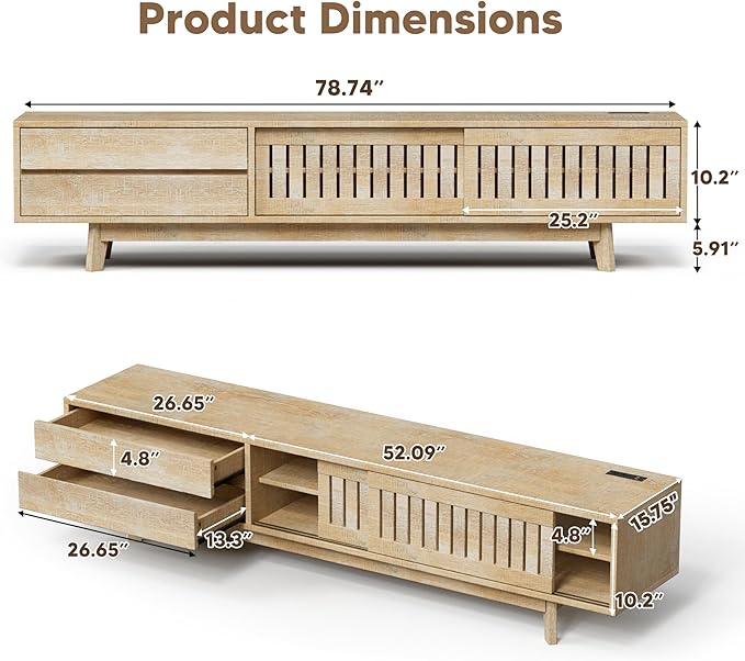 TV Stand for up to 85 Inch TVs, 78.7" Entertainment Center with Storage & Power Outlet, Mid Century Modern Media Console w Drawers and Sliding Door, Television Stands for Living Room, Natural