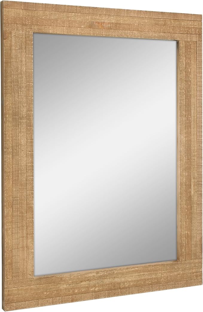 Stonebriar 24" x 18" Rectangle Natural Wood Frame Wall Mirror with Attached Hanging Brackets, Decorative Country Rustic Decor for the Living Room, Bedroom, Bathroom, Hallway, and Entryway