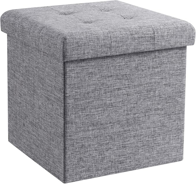 Ornavo Home Folding Storage Ottoman, 15 Inch Storage Cube with Lid, Foot Rest Stool for Bedroom, Living Room, Entryway, Tufted Linen Upholstered - Gray