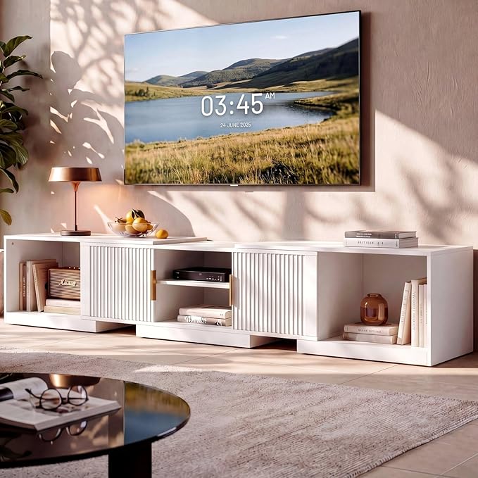 IRONCK TV Stand for 55-80 Inches TVs, 63"-84.6" Adjustable Length, Extendable Corner Entertainment Center with Storage Cabinets, Fluted Doors Modern Media Console, Ideal for Living Room, White