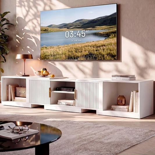 IRONCK TV Stand for 55-80 Inches TVs, 63"-84.6" Adjustable Length, Extendable Corner Entertainment Center with Storage Cabinets, Fluted Doors Modern Media Console, Ideal for Living Room, White