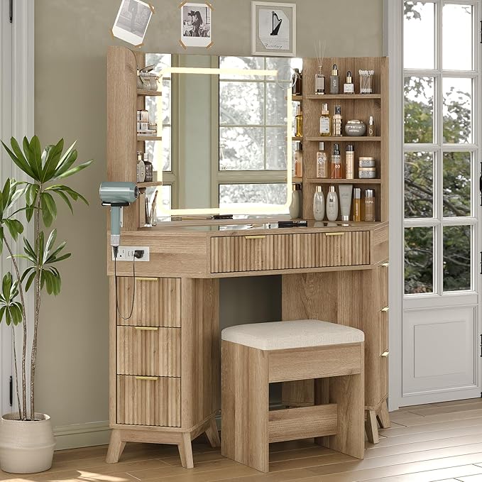 Yanosaku Corner Vanity Desk with Mirror and Lights, 8 Drawers & 6 Shelves, 47” Fluted Vanity with Charging Station, Glass Top, 3 Color Lighting Modes, Makeup Vanity with Chair for Bedroom, Oak