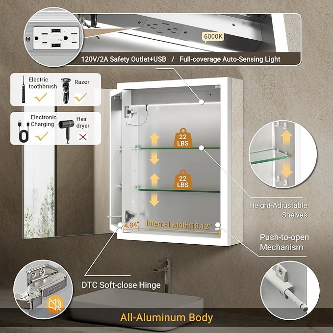 Lighted Medicine Cabinet with Mirror & Clock -20x26 Surface or Recessed Aluminum Medicine Cabinet with Dimmable Light & Outlet, Anti-Fog, Built-in Sensing Light, Assembly-Free