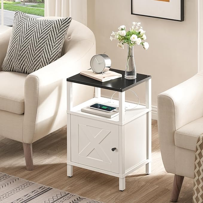 MAHANCRIS Farmhouse Nightstand with Charging Station, White Bedside Table with USB & Type-C Ports, Black End Table with Storage and Open Shelf, Modern Side Table for Bedroom, ETBW96E01