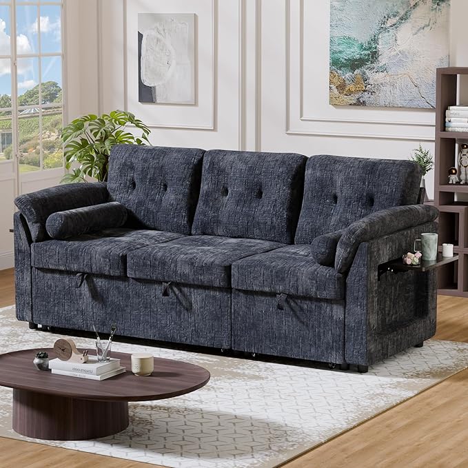 Convertible Sleeper Sofa Bed, 63 Inch Chenille Pull Out Couch with Side Table & Adjustable Backrest, Sectional Sleeper Sofa with Pull Out Bed for Living Room, Apartment, Blue