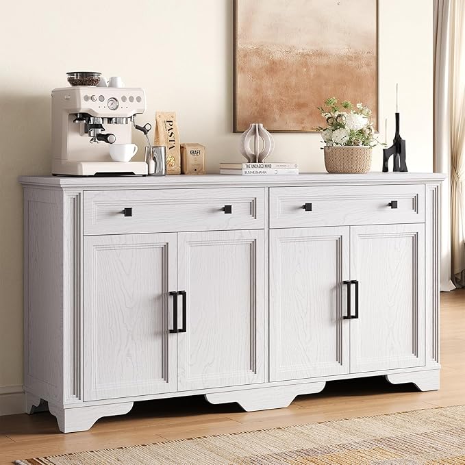 ONBRILL 63" Sideboard Buffet Cabinet, Kitchen Buffet Storage Cabinet, Large Credenza with Drawers & Doors, Wood Coffee Bar Console Wine Bar for Living Room Hallway White