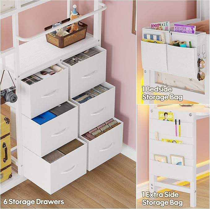 BYSAUD Loft Bed with Desk, Loft Bed Twin Size with 6 Storage Drawers & 4 Storage Shelves,Twin Loft Beds with LED Lights & Charging Station, Bunk Bed with Safety Guard, No Box Spring Needed, White