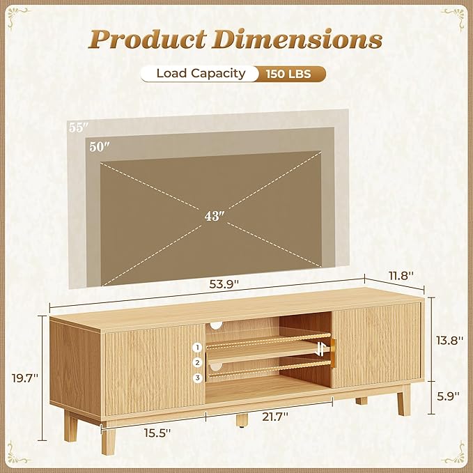 PRAISUN 54 Inch Fluted TV Stand for TVs Up to 55, 60 Inch, Mid Century Modern Entertainment Center with Storage, TV Console with Adjustable Shelves, Midea Console for Living Room Bedroom, Beige