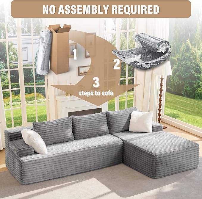 Hobestluk Modular Sectional Sofa Boneless Couch L-Shape Couch 3 Seat Modular Couch Memory Foam Sectional Couches for Living Room Furniture, Cloud Couch with Chaise Lounge (96" Right Facing Chaise)
