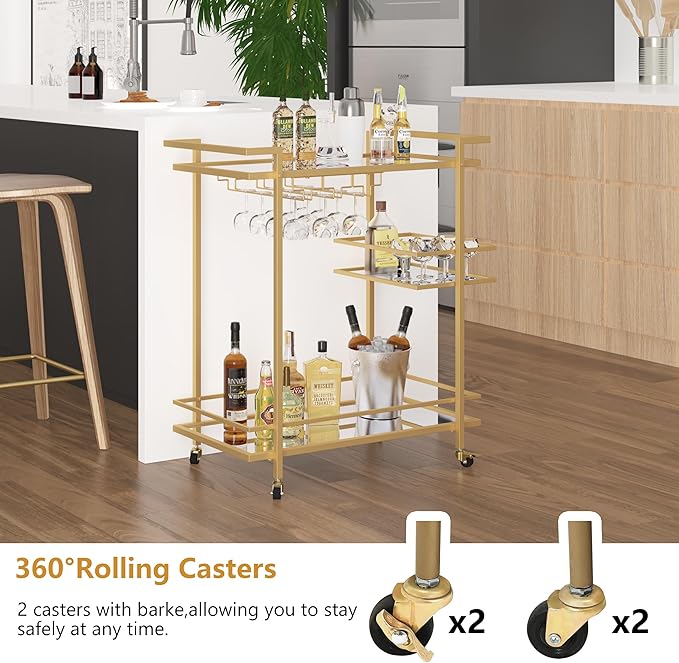 Gold Home Bar Cart, 2-Tier Glass Shelves Rolling Wine Cart with Wheels and Wine Holders, Modern Mobile Serving Trolley for Living Room Dining Room
