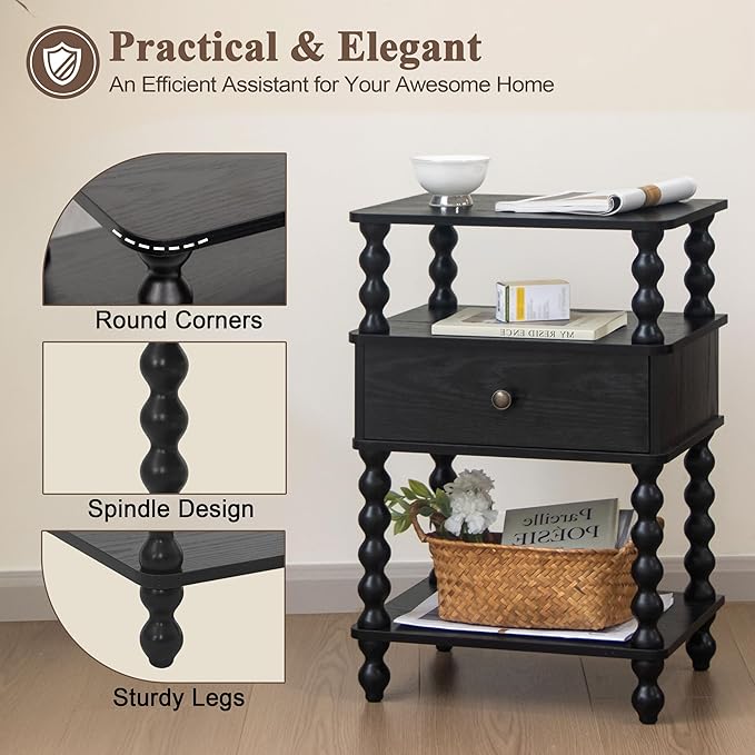 AWASEN Black Nightstand, Bed Side Table Bedroom with Drawer, 3-Tier Small Night Stand End Table with Storage for Small Spaces &Solid Wood Spindle Legs, Black