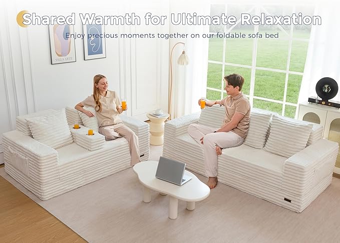 MAXYOYO Loveseat Sofa Bed, Striped Faux Fur Foldable Floor Sofa Couch in A Box, 4 in 1 Convertible Boneless Couch with 2 Cup Holders, Folding Recliner Sleeper Chair, No Assembly Required, Creamy