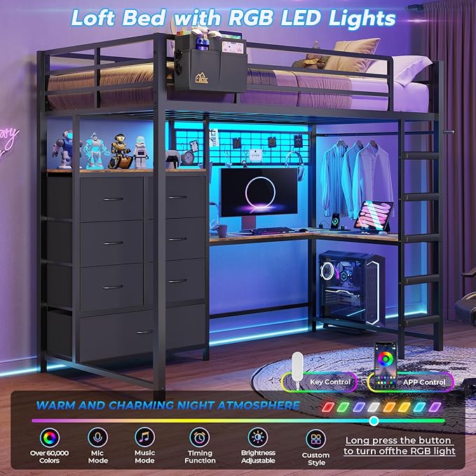 DICTAC Twin Loft Bed with L-Shaped Desk and 7 Storage Drawers,Metal Twin Size Loft Bed for Kids with LED Lights and Charging Station,13.11" H Safety Guardrail and Ladder,No Box Spring Needed, Black