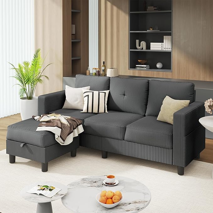 JAMFLY Convertible L-Shaped Sectional Sofa with Reversible Storage Ottoman, 3-Seat Couch with Side Pockets, Modern Compact Furniture for Small Apartments, Studios & Lofts, Grey