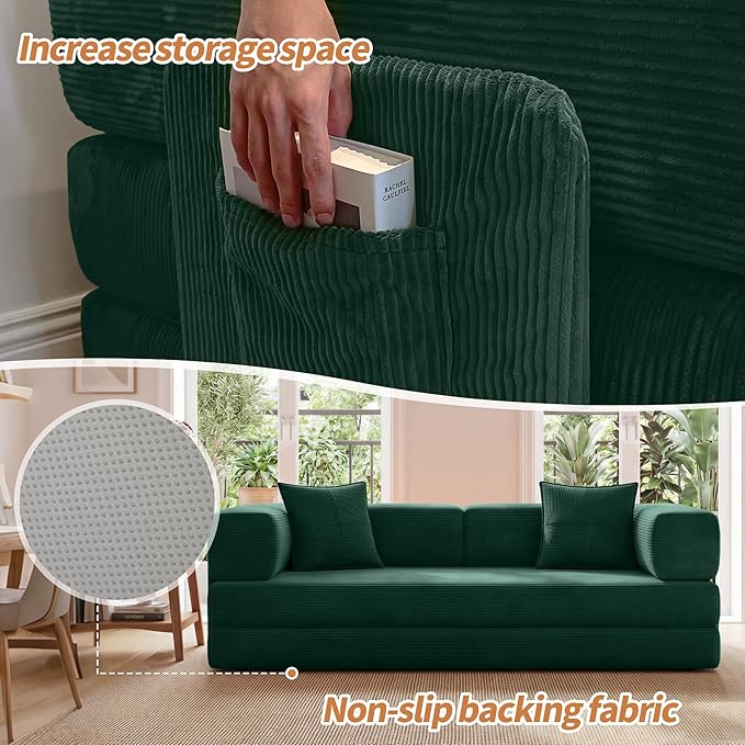 78.8" Convertible Sofa Bed with Armrest Pillow, 4-in-1 Sleeper Couch Bed for Livingroom, Modular Corduroy Boneless couches, No Assembly (Emerald Green)