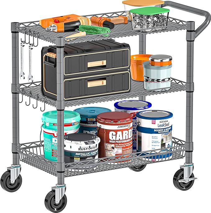 Folews Heavy Duty Rolling Cart with Wheels, 990LBS 3-Tier Metal Utility Cart, NSF Rolling Storage Organizer Adjustable Shelves & Basket, Lockable Casters, Commercial Storage Trolley, Gray