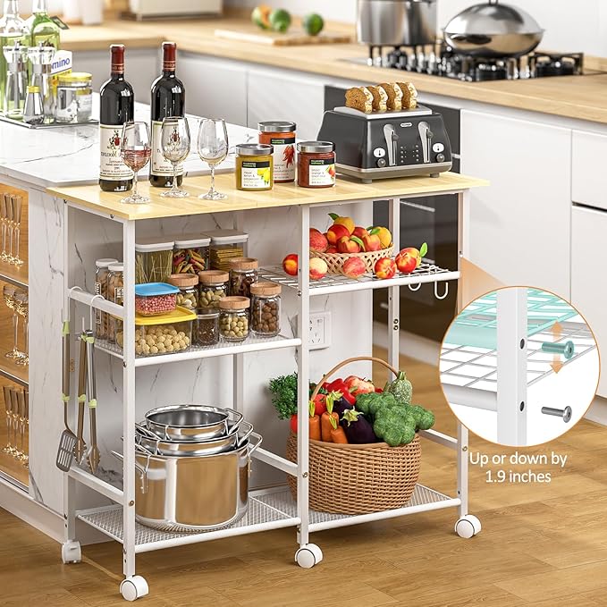 ThreeHio Rolling Kitchen Microwave Cart, 3-Tier Microwave Stand with Adjustable Shelf, Kitchen Storage Cart on Lockable Wheels, Coffee Bar Baker's Rack Organizer Shelf for Living Room, Office, Balcony