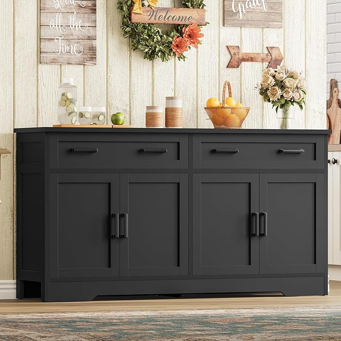 usikey Buffet Cabinet with Storage and Drawers, 55" Large Sideboard Buffet Cabinet with Adjustable Shelves and Doors, Modern Coffee Bar for Kitchen, Living Room, Black