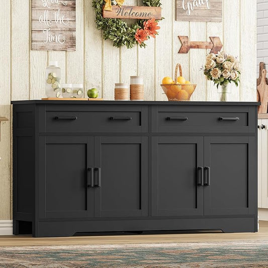 usikey Buffet Cabinet with Storage and Drawers, 55" Large Sideboard Buffet Cabinet with Adjustable Shelves and Doors, Modern Coffee Bar for Kitchen, Living Room, Black