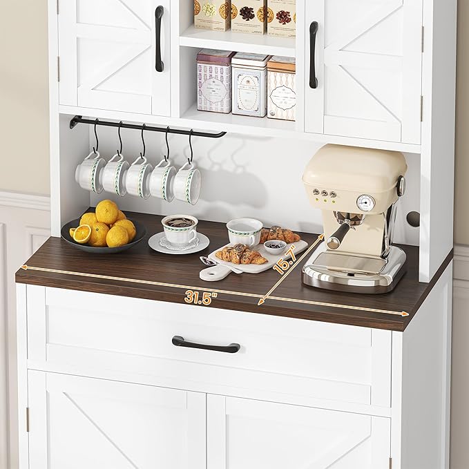 Saudism 70" Tall Farmhouse Kitchen Pantry Cabinet, Wooden Storage Cupboard with Barn Doors, Drawers & Cup Holder, Microwave Stand for Dining Room, White