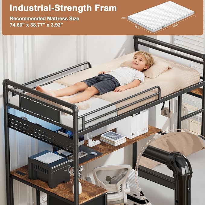 Twin Loft Bed with L Shape Desk, Gaming Bunk Bed with Stairs, Metal Loft Bed Heavy Duty Loft Beds for Adults, 3 Fabric Drawers, LED Lights & Charging Sation, Pegboard & Cloth Hangs
