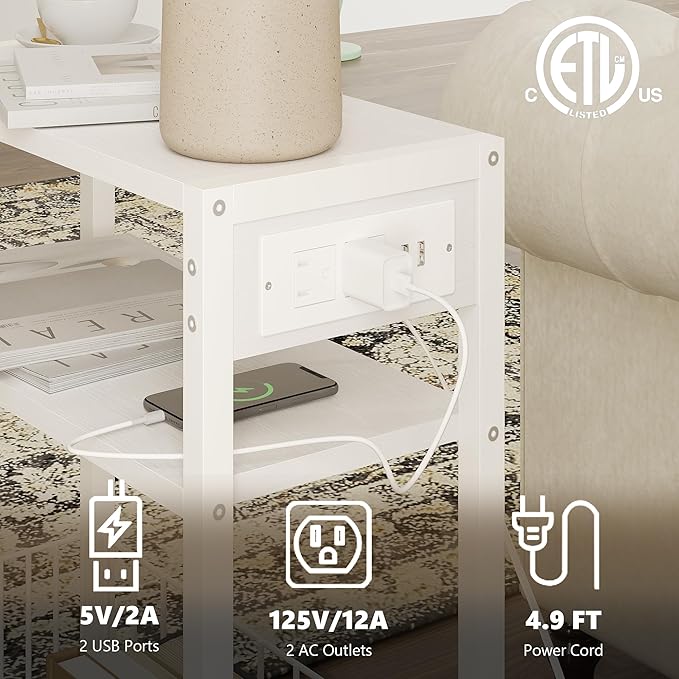 TRIFEBLE Narrow Side Table with Charging Station, Small End Table for Small Spaces, Slim Nightstand with Storage Basket, 3 Tier Skinny Bedside Table for Living Room, Bedroom, White