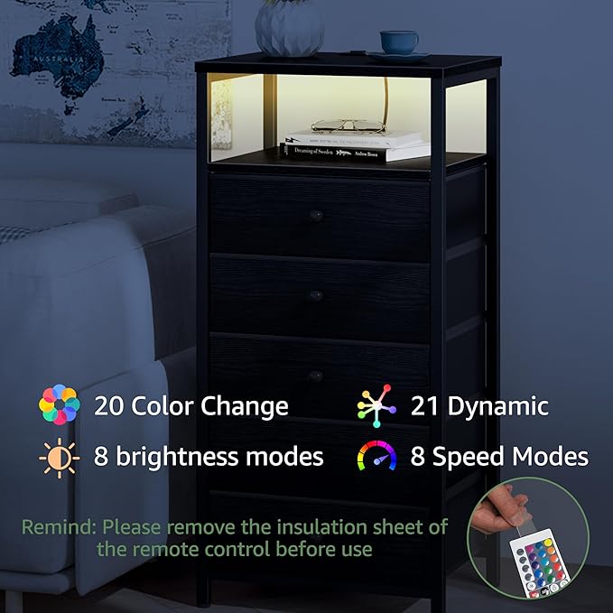 BOLUO Black Dresser with 5 Drawers Tall Nightstand with Charging Station and LED Light, Bedside Table Room Storage Drawers Closet