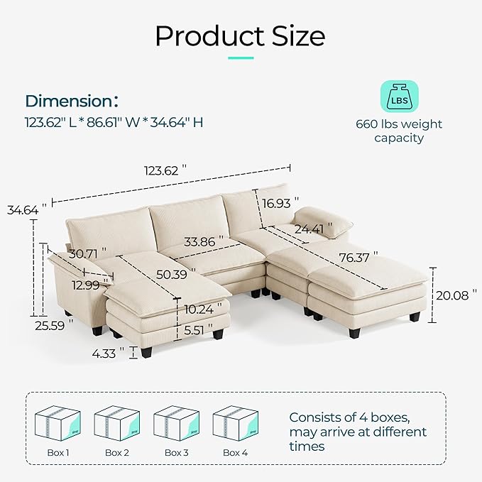 LINSY HOME 123" Modular Sectional Sofa, 3-Seat Corduroy Modern Cloud Couch with Deep Seat & 3 Movable Ottoman, Perfect for Living Room, Office, Bedroom, Beige