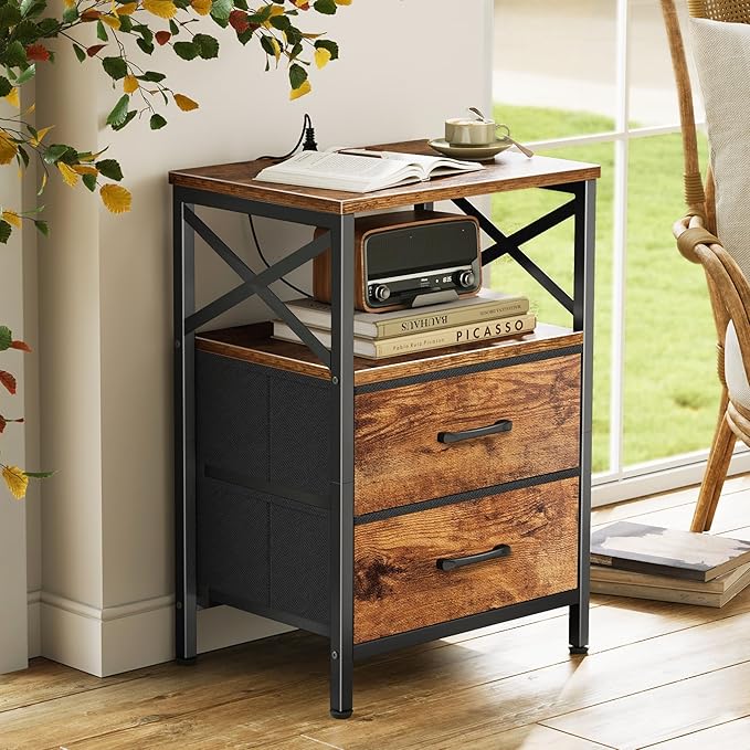 Huuger Night Stand with Charger Station, 2 Drawer Nightstand with Open Shelf, Bed Side Table with USB-C Port, End Table, Compact Size for Small Spaces, X Shaped Side Rail, Rustic Brown