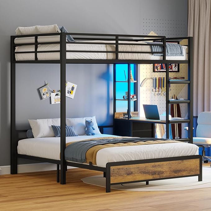 ADORNEVE Twin Over Full Bunk Bed with Desk, Bunk Beds Twin Over Full Size with Charging Station & Led Lights, Storage Drawers & Shelves, Loft Bed with Safety Guardrail & Ladder for Kids/Teens, Black