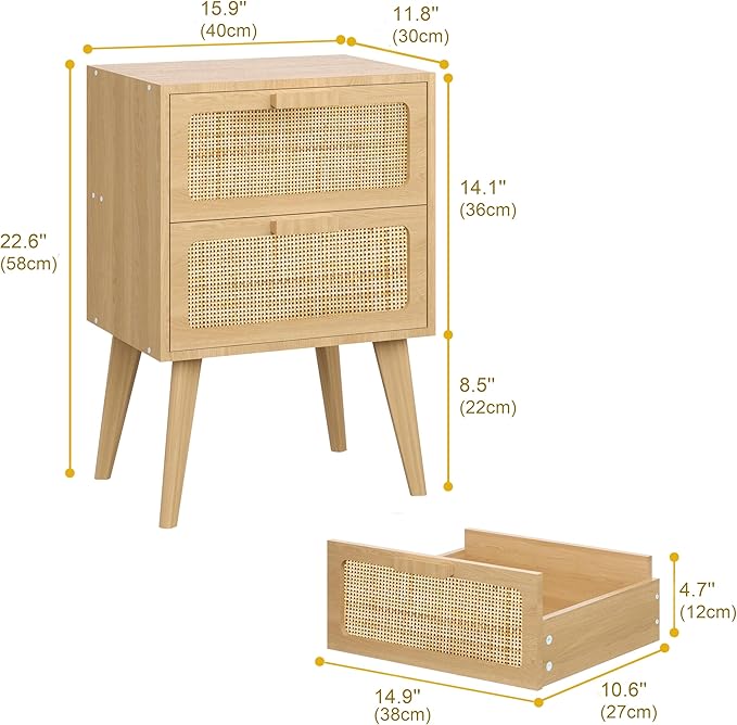 YAUKOMEL Rattan Nightstand, Wood End Table, Side Table with 2 Hand Made Rattan Decorated Drawers,Boho Bedside Table,Wood Accent Table with Storage for Livingroom, Bedroom, Natural CTG59Y