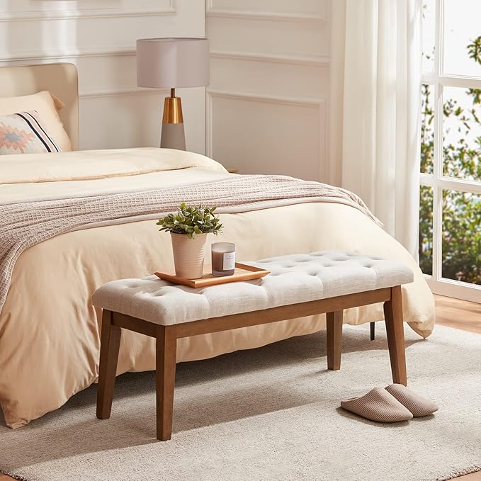 HUIMO Bedroom Bench for End of Bed, Upholstered Dining Seat for Kitchen, Button-Tufted Ottoman Bench for Entryway and Living Room (Beige)