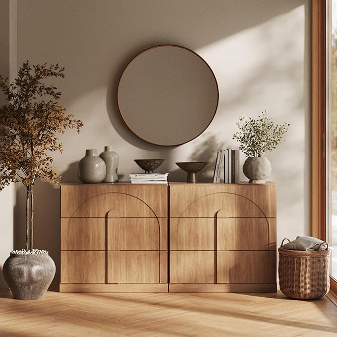 BELLEZE Sideboard Cabinet with 3 Drawers, Set of 2 Modern Wood Buffet Cabinet with Arc Design, Large Fluted Sideboard with Storage for Dining Room Living Room Entryway, Camel