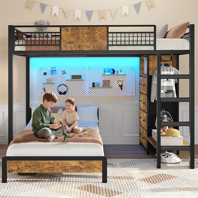 ADORNEVE Bunk Bed Twin Over Twin Size with 8 Storage Drawers, Twin Bunk Beds with Led Lights & Storage Shelves, Metal Loft Bed with 13.4" H Safety Guardrail & Ladder, for Kids & Teens, Black