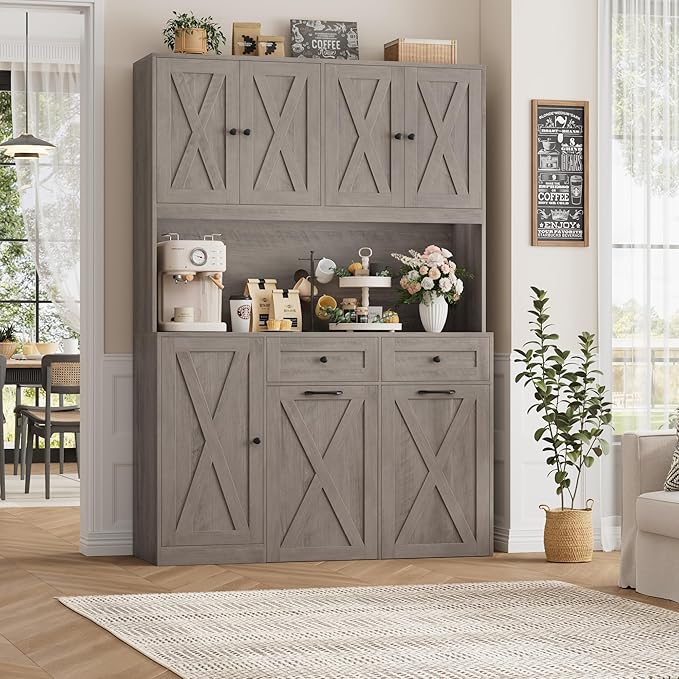 HOSTACK 71" H Kitchen Trash Can Cabinet, 12.5 Gallon Double Pull Out Garbage Can Hutch Cabinet with Trash Bin Storage Holders, 47" Wide Kitchen Pantry with Hidden Garbage Storage, Ash Grey