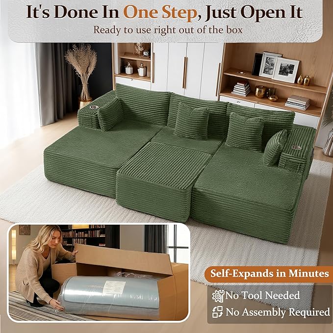 108" Cloud Sectional Couch, Comfort Sleep Sofa for Living Room, Extra Deep Seats No Assembly, Minimalist Modular Couch, Corduroy (Olive Green, Widen Loveseat Chaise)
